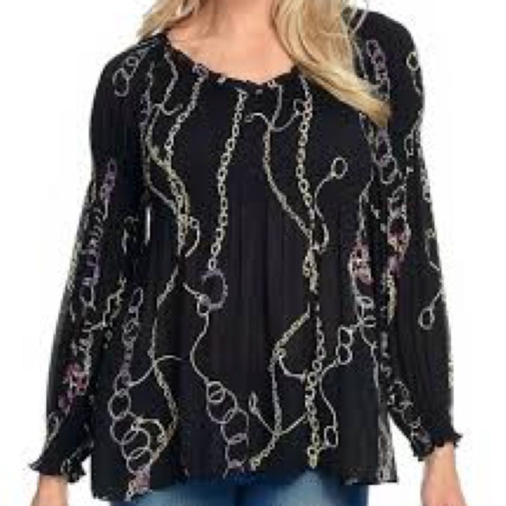 Kate & Mallory® Printed Pleated Bracelet Sleeve V-Neck Blouse Sz L